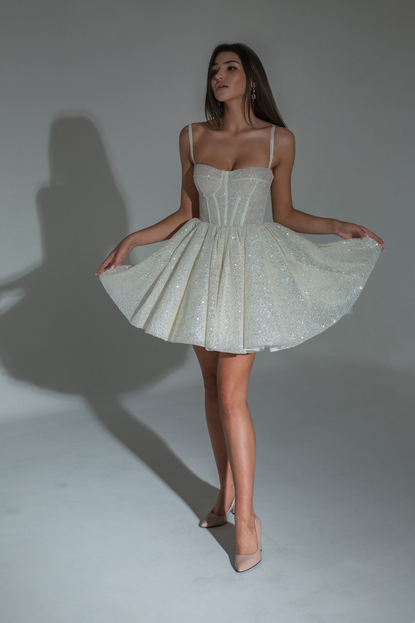 White Silver Glitter Mini Skirt Dress