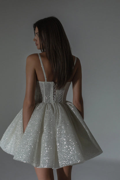 White Silver Glitter Mini Skirt Dress