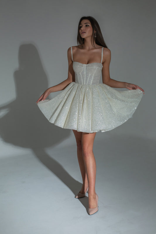 White Silver Glitter Mini Skirt Dress